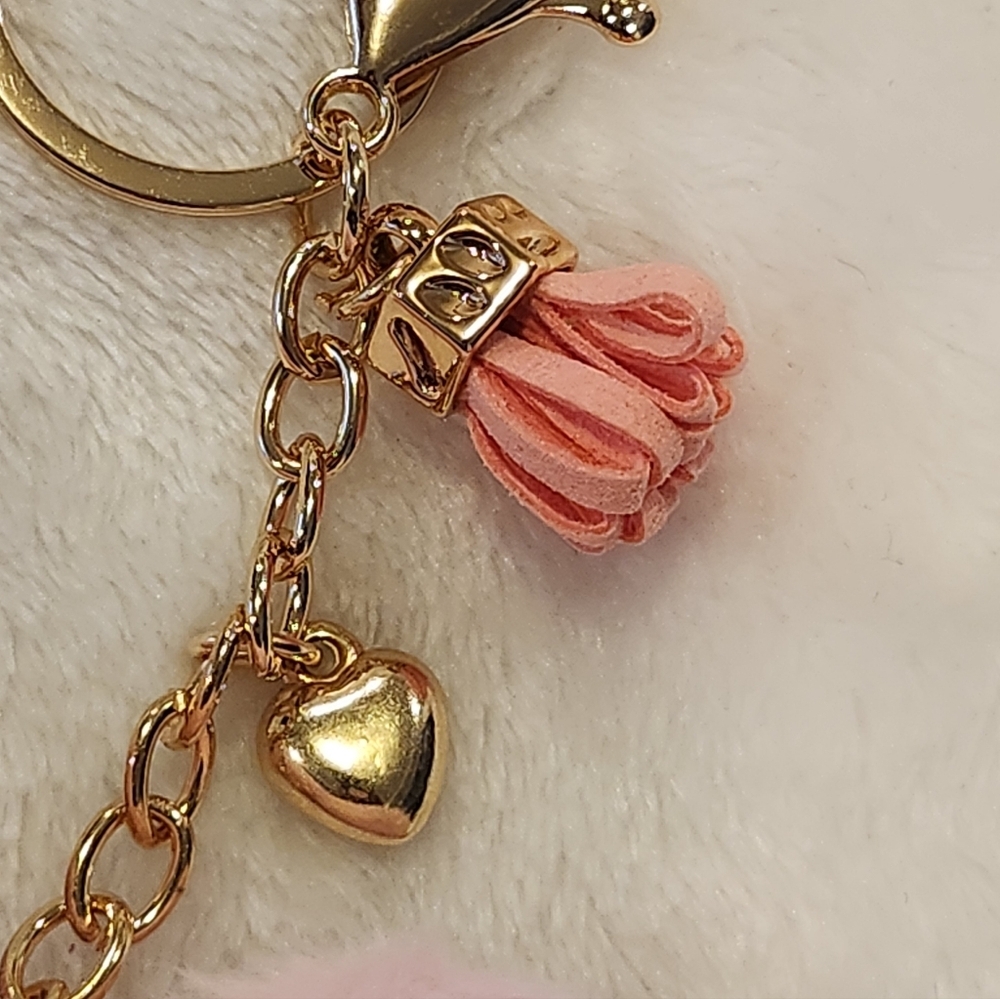 Pink Heart-Shaped Fluffy Keychain with Gold Accents Bag Charm - Picture 4 of 5